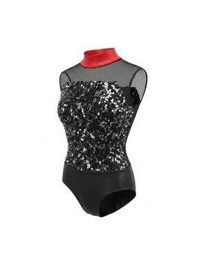Weissman Girls Size IC Black Sequin Sleeveless Dance Leotard Red Stretch NEW